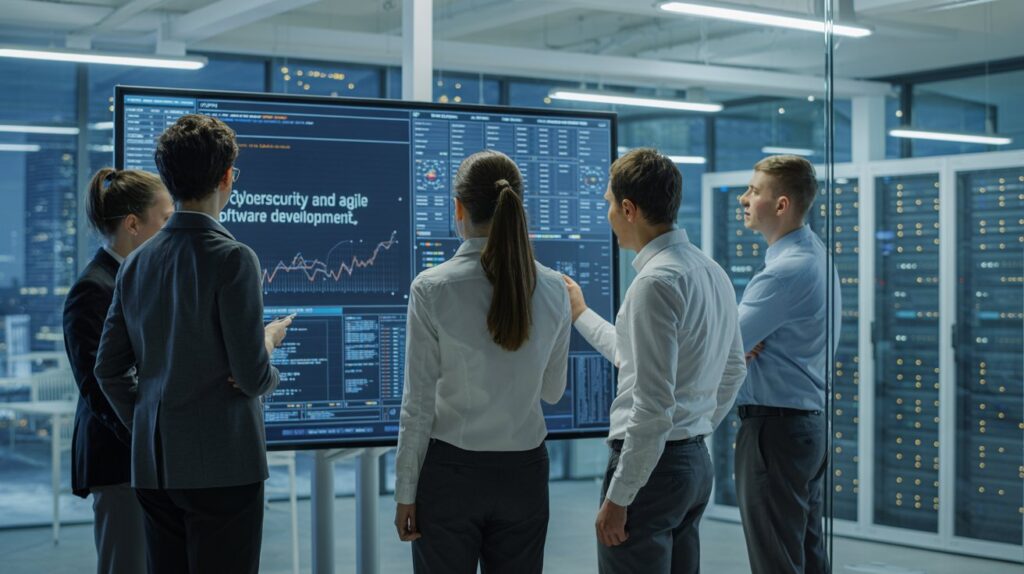 IT-Sicherheitsberatung Düsseldorf – Experten beraten Unternehmen zur Cybersicherheit und agilen Softwareentwicklung in einem modernen Büro mit Blick auf die Skyline von Düsseldorf